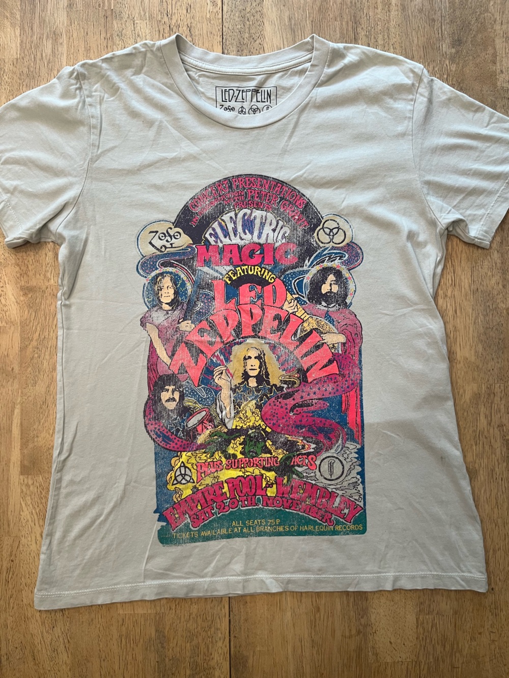 Led Zeppelin Vintage Style Graphic Tee - Light Gray with Pink & Blue Print M